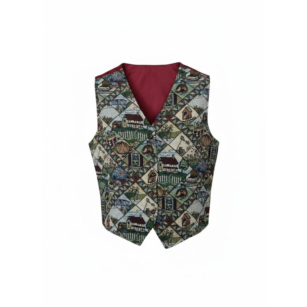 Bobbie Brooks Vintage Tapestry Vest Country Patchwork Burgundy Large
